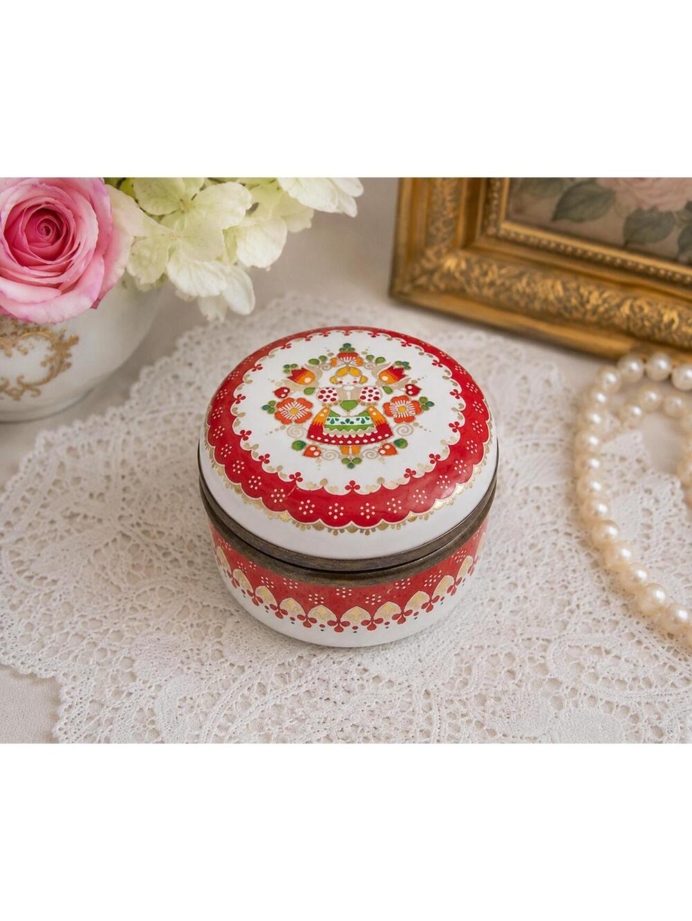 Vintage Austrian Enamel Trinket Box Red White Floral Studio Steinbock